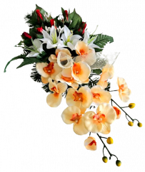Díszített betontál fenyőből mesterséges orchideák, liliomok és kiegészítők 60cm x 28cm x 20cm