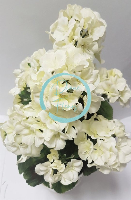 Umelý Muškát Pelargónia v črepníku O 25cm x výška 49cm biela záťažový aranžmán