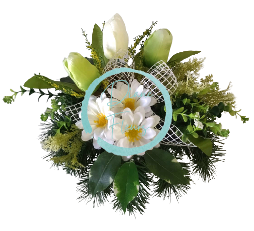 Smútočný aranžmán betonka umelé tulipány, margarétky & doplnky Ø 25cm x 30cm