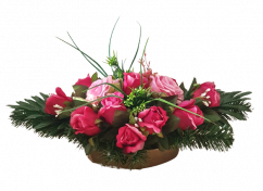 Frumos aranjament de doliu de trandafiri artificiali si accesorii 53cm x 27cm x 23cm roz, burgundia