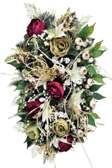 Exkluzív luxus fenyő koszorú baszarózsa, liliomok, kaméliák és kiegészítők 75cm x 45cm
