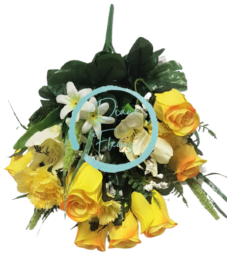 Růže & Alstromerie & Karafiát x18 kytice žlutá 50cm umělá