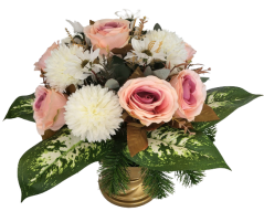 Kompozycja żałobna sztuczne chryzantemy, róże i dodatki 40cm x 40cm