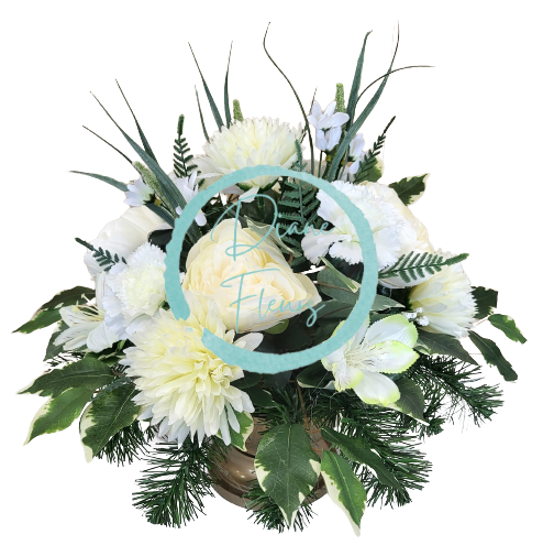 Smútočný aranžmán betonka exclusive umelá chryzantéma, peonia pivonka, karafiát, alstroméria a doplnky Ø 45cm x 35cm