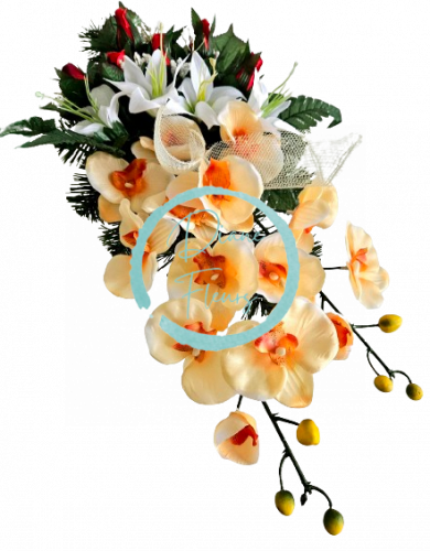 Trauergesteck aus künstliche Orchideen, Lilien und Zubehör 60cm x 28cm x 20cm
