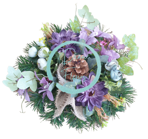 Aranžmán betonka umelé gerbery, kamélie & doplnky Ø 23m x 17cm