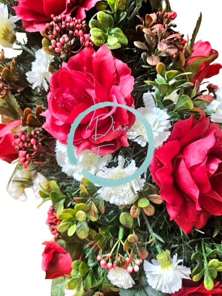 Smuteční věnec esíčko umělé růže, karafiáty a doplňky 130cm x 40cm AS1022