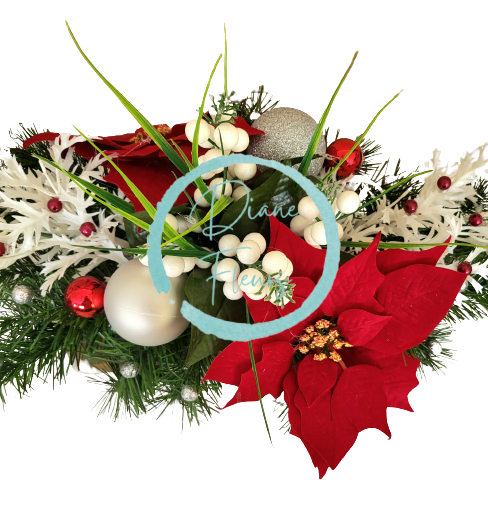 Sympathy arrangement made of artificial Poinsettias, Berries, Christmas balls and Accessories 50cm x 28cm x 28cm