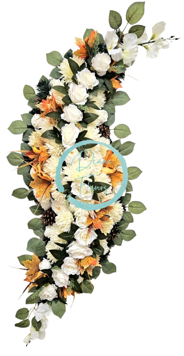 Smútočný veniec esíčko umelé ruže, chryzantémy a doplnky 115cm x 45cm