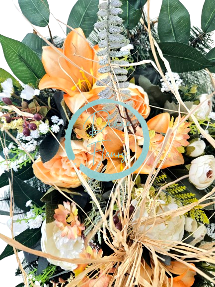 Lussuosa corona di pino con peonie, gigli, camelie e accessori esclusivi 75 cm x 45 cm AS946