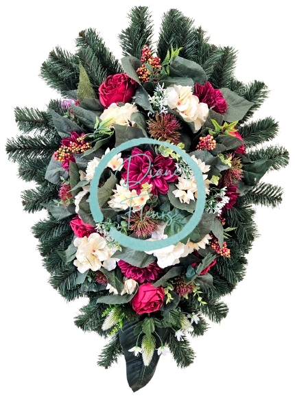 Coroana "frunze" de bujori artificiali, dalii, hortensii, ciulini si accesorii 95cm x 60cm