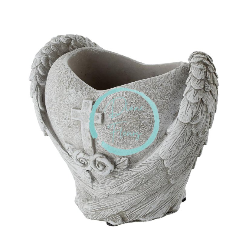 Dekoračný kameninový črepník srdce s anjelskými krídlami 17cm x 11cm x 15cm
