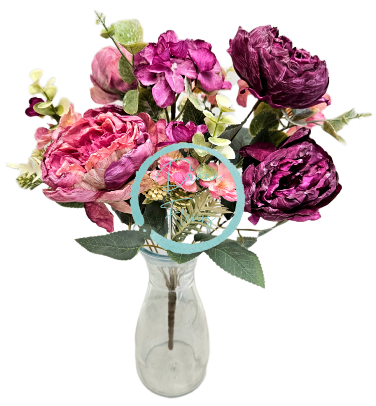 Изкуствен букет от божури, хортензии и аксесоари 42 см лилаво