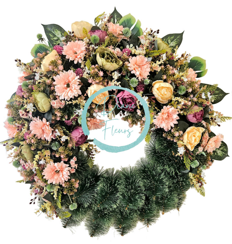 Luxusní smuteční věnec borovicový exclusive pivoňky, gerbery, rozchodník a doplňky 100cm AS1013