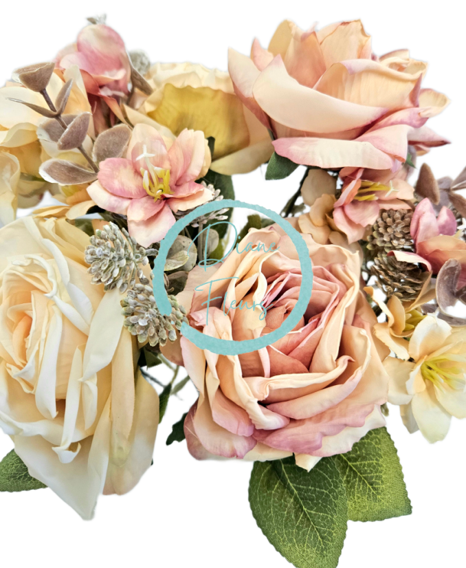 Umelá kytica ruže, hortenzie a doplnky x9 44cm žltá, ružová