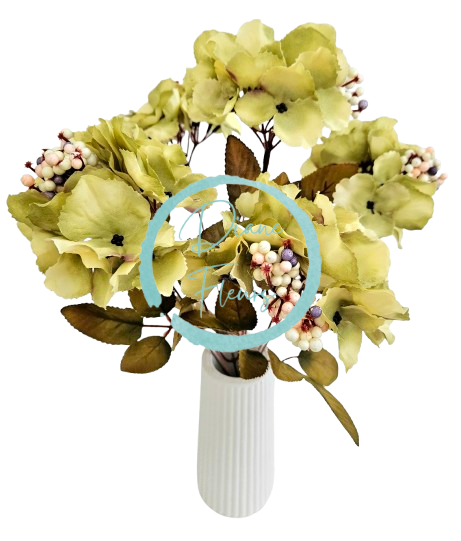 Künstliche Hortensien Strauß mit Beeren x5 38cm Grün