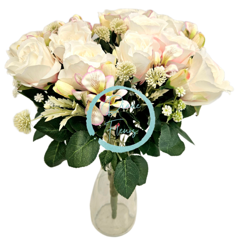Umelá veľká kytica ruží 46cm krémová