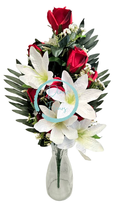 Růže a Lilie kytice x18 červená, krémová 62cm umělá