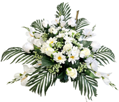 Díszített betontál fenyőből rózsák, százszorszépek, kardvirágok és kiegészítők 70cm x 40cm x 40cm AS1064