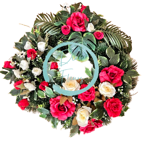 Temetési fenyőkoszorú Exkluzív rózsák, bazsarózsa, monstera és kiegészítők 70cm x 80cm