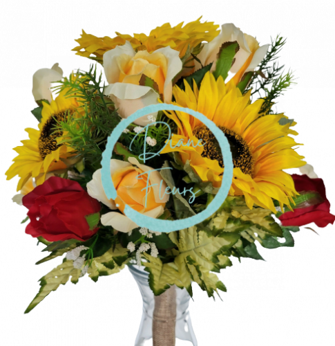 Künstliche Bunter Strauß Exclusive Rosen, Sonnenblumen, Accessoires 48cm