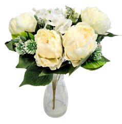 Pivoňky Peonie & Hortenzie kytice 46cm umělá krémová