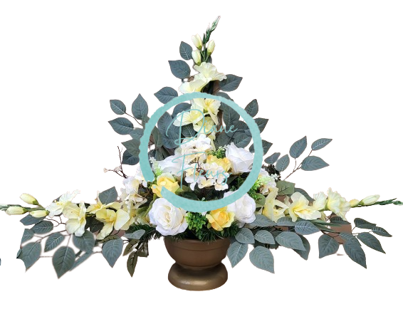 Krásný smútočný aranžmán exclusive betonka umelé ruže, hortenzie, gladioly a doplnky 100cm x 65cm