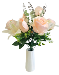 Artificial Roses & Lilies Flowers Bouquet x12 48cm Salmon