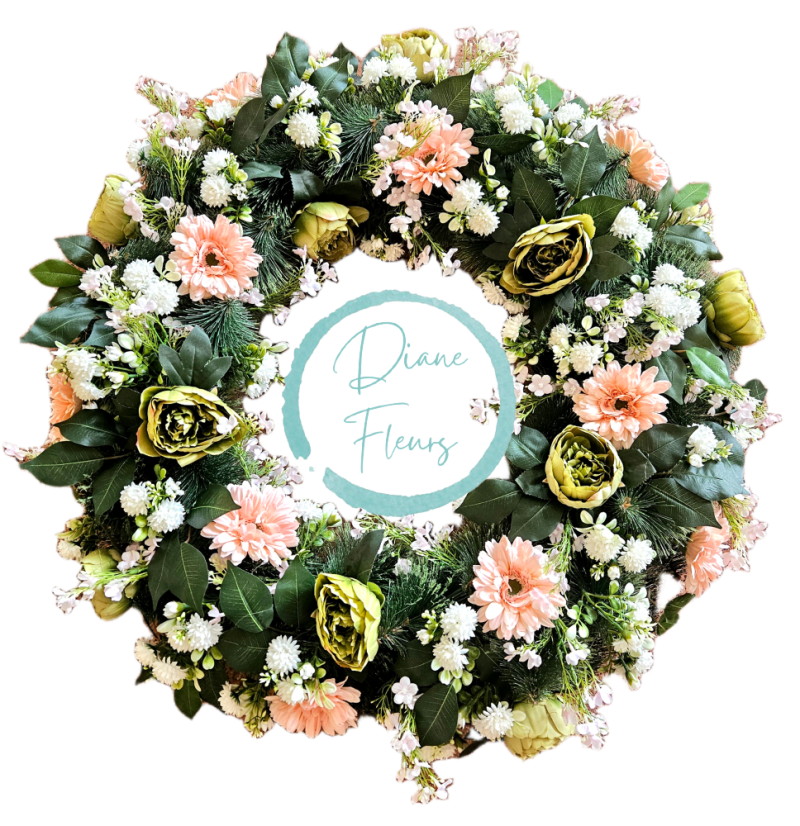 Luxusný smútočný veniec borovicový exclusive peonie pivonky, gerbery a doplnky Ø 90cm