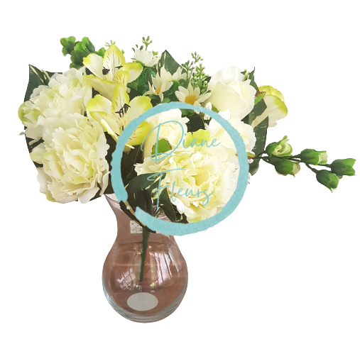 Peonia Pivonka & Alstroméria kytica krémová 38cm umelá