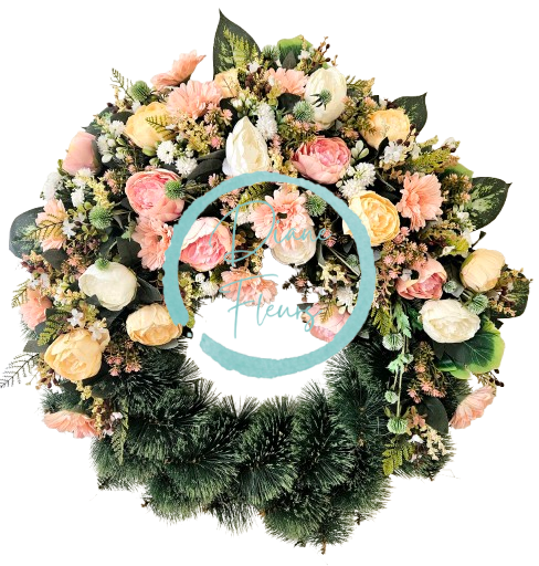 Luxusný smútočný veniec borovicový exclusive peonie pivonky, gerbery a doplnky Ø 100cm