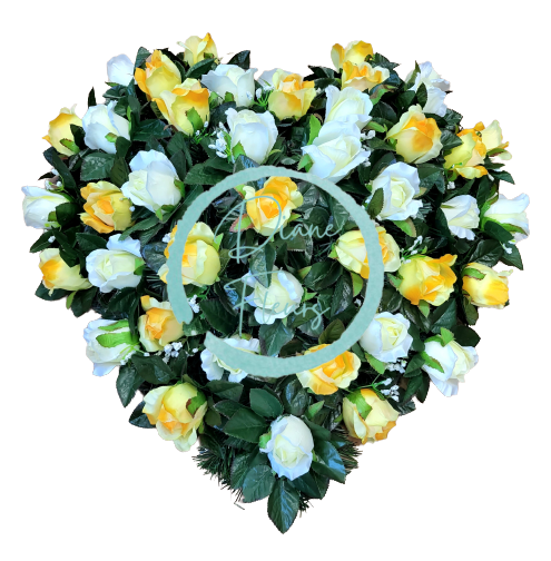 Coroană funerara „Inimă” din trandafiri 60cm x 60cm galben, crem flori artificiale