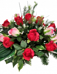 Čudovit žalni aranžma iz umetnih vrtnic, dodatkov in traku 77cm x 33cm x 40cm rdeče, roza