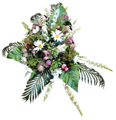 Großes Trauergesteck Exclusive aus künstliche Gänseblümchen, Chrysanthemen, Ranunkeln, Disteln und Accessoires 115cm x 90cm
