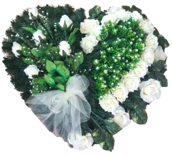 Coroana „Inimă” din trandafiri artificiali si accesorii 80cm x 80cm verde, crem
