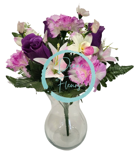 Buchet de trandafiri, garoafe, crini si orhidee x13 33cm violet flori artificiale