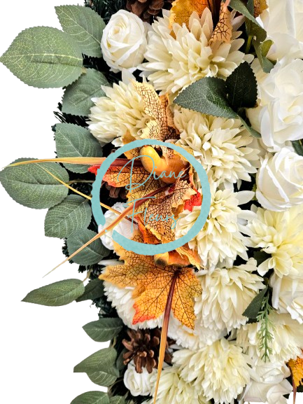 Smútočný veniec esíčko umelé ruže, chryzantémy a doplnky 115cm x 45cm