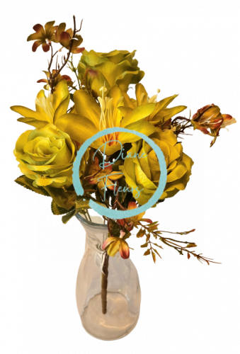 Růže, Kopretiny a Lilie kytice x7 zelená 44cm umělá