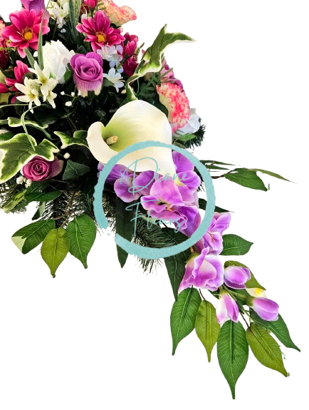 Luxuriöse Trauergesteck aus künstliche Rosen, Gänseblümchen, Nelken, Alstromerien, Calla Lilien, Gladiolen und Accessoires 105cm x 50cm x 40cm