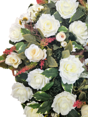Coroană funerara de pin Exclusiv trandafiri, ranunculus si accesorii 75cm