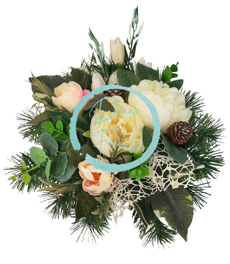 Smútočný aranžmán betonka umelé peonie pivónie a doplnky Ø 28cm x 15cm