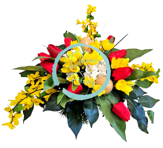 Aranžmán betonka umelé tulipány, zlatý dážď, fialky, veľkonočné vajíčka a doplnky 50cm x 40cm x 23cm