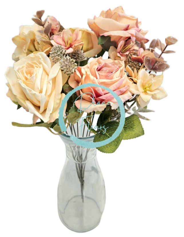 Umelá kytica ruže, hortenzie a doplnky x9 44cm žltá, ružová