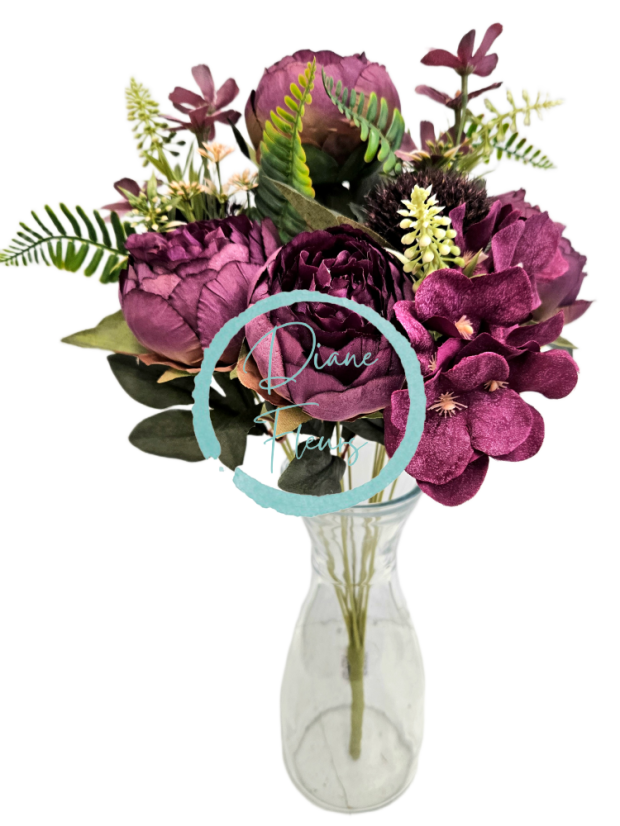 Luxus Bazsarózsa, Bogáncs, Hortenzia csokor 48cm művirág lila