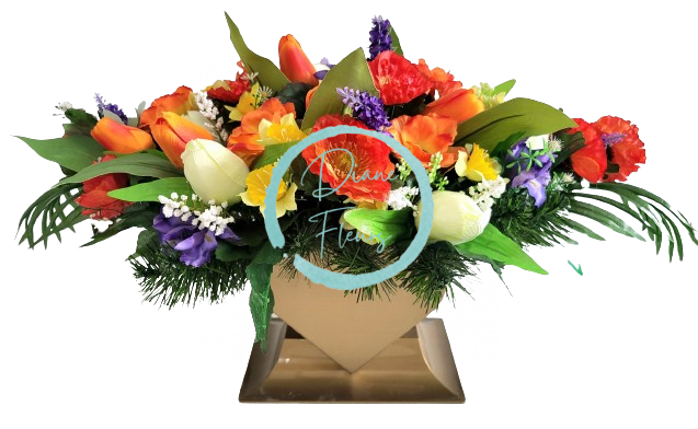 Wunderschönes Trauergesteck Herz aus künstliche Tulpen, Mohn, Anemone, Lavendel und Zubehör 67cm x 40cm x 30cm