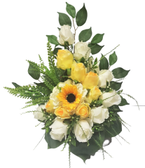 Arrangement - bowl decorated with artificial sunflower and roses 35cm x 25cm x 40cm