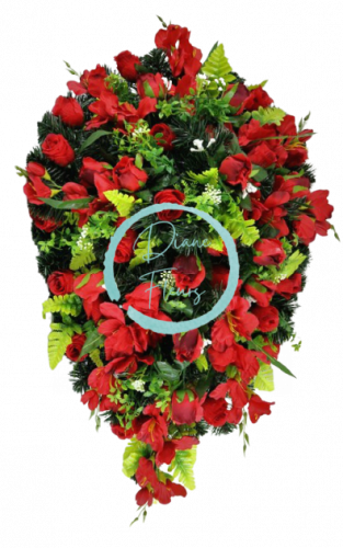 Smútočný veniec s umelými ružami a gladiolami 100cm x 60cm červená, zelená