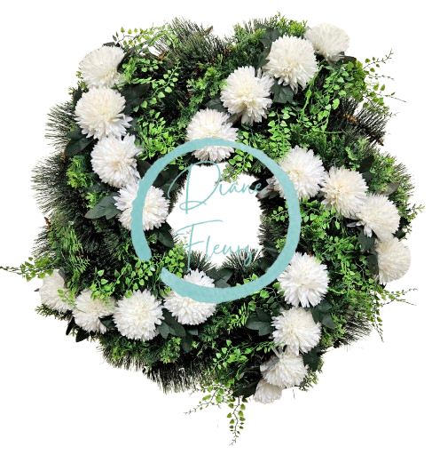 Luxusný smútočný veniec borovicový exclusive chryzantémy a doplnky 65cm