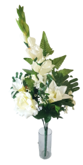 Buchet luxos de trandafiri, crini, gladiole si accesorii 70cm crem