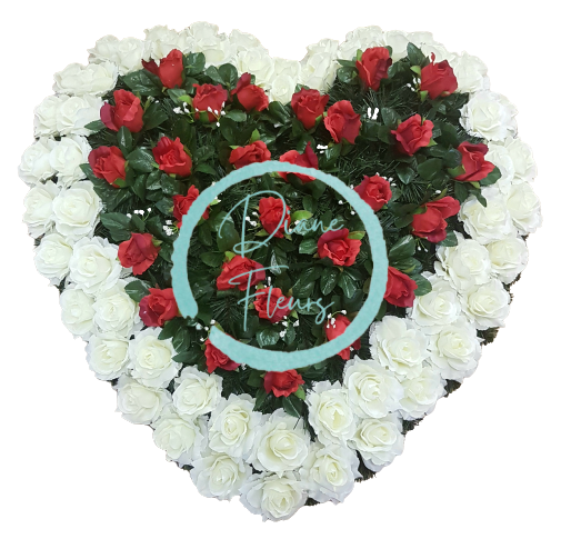 Wianek żałobny "Serce" z róż 65cm x 65cm kremowy, czerwony sztuczny